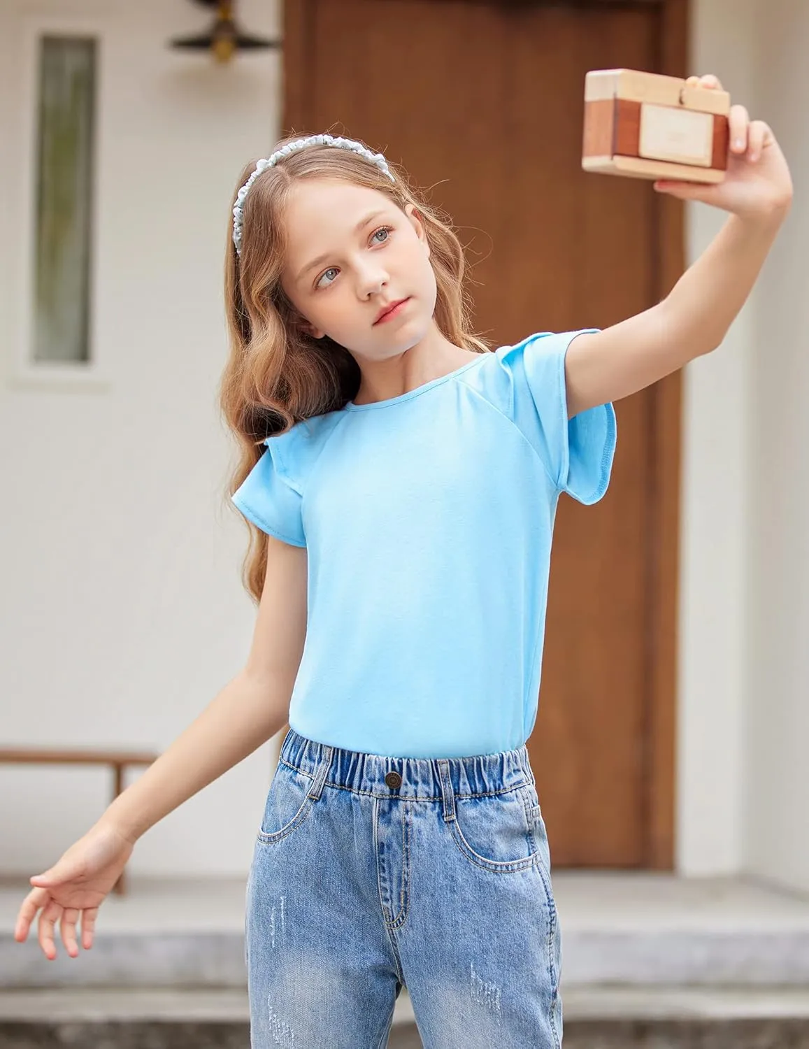 Girls T Shirts Ruffle Short Sleeve Round Neck Loose Blouse Summer Solid Color Casual Girl Tee Tops for 3-12 Years