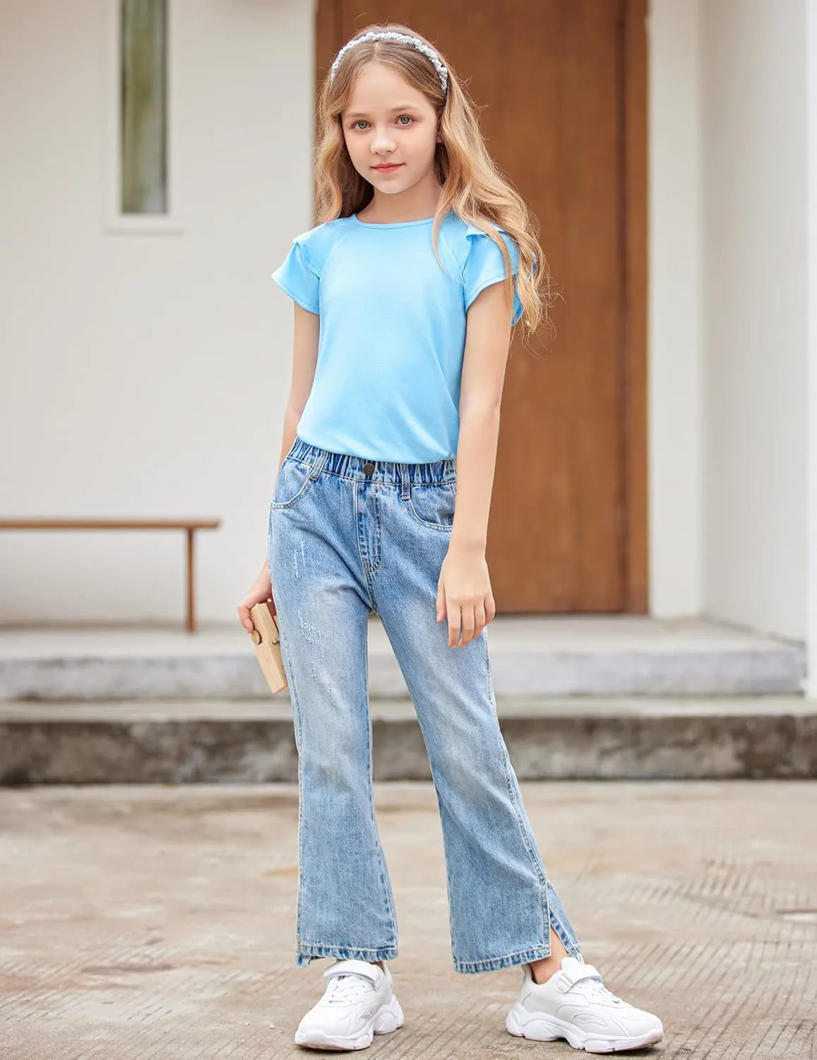 Girls T Shirts Ruffle Short Sleeve Round Neck Loose Blouse Summer Solid Color Casual Girl Tee Tops for 3-12 Years