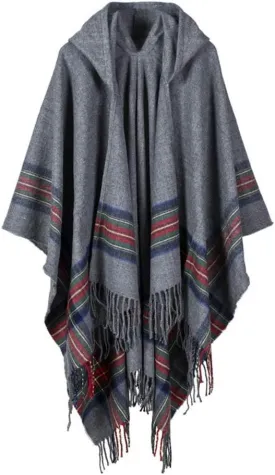 Hoodied ponchos for women Grey Cardigan Poncho Cape with tassels Women Elegant blanket Cardigan Shawl Wrap Sweater Coat for Winter 16058 Grey