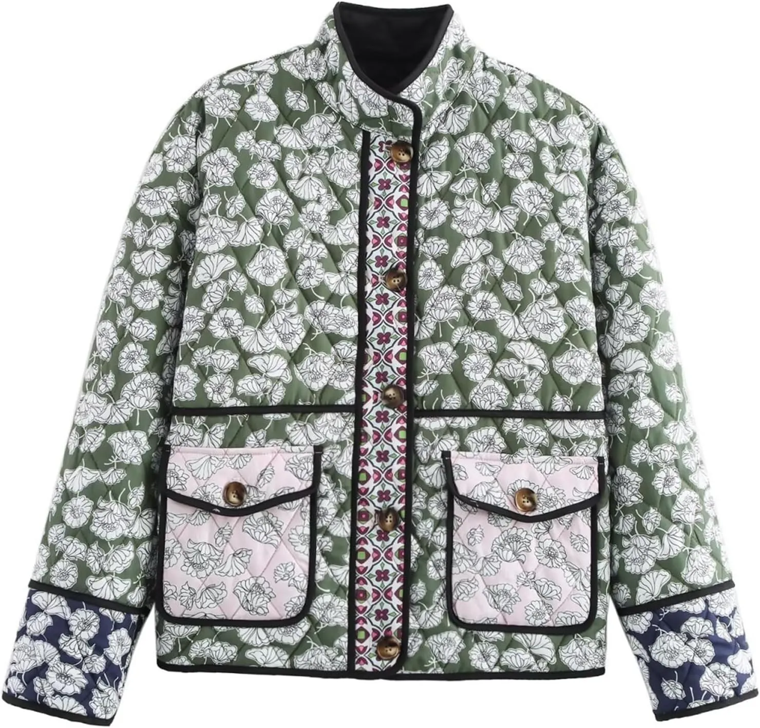 HOTIAN Floral Printed Puff Jackets for Women Lightweight Cropped Padded Puffer Jacket Cardigan Quilted Winter Coats