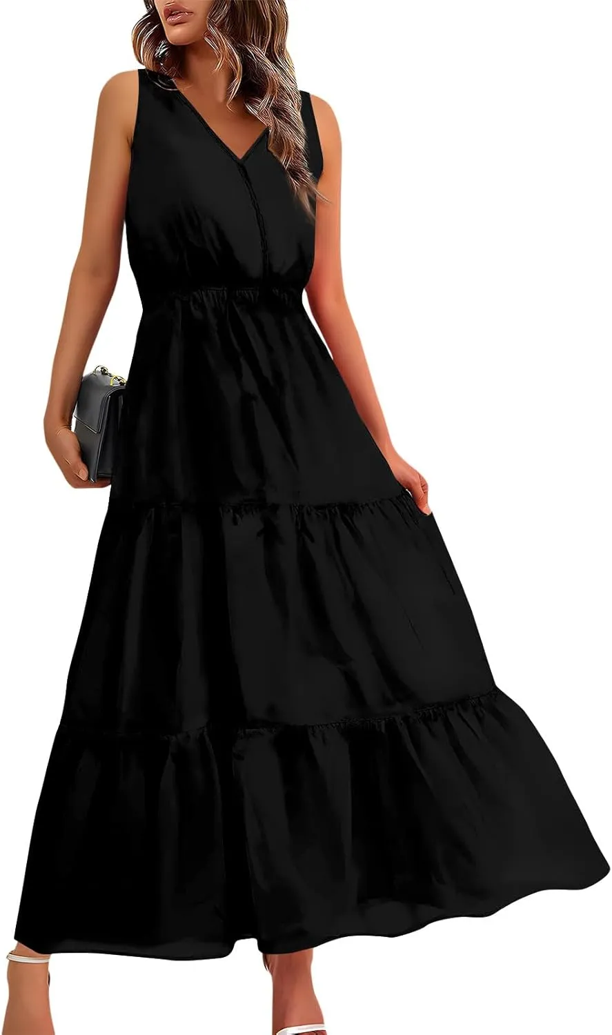 JJHAEVDY Womens Dresses V Neck High Waist Sundresses Floral Print Tiered Dresses Sleeveless Long Sundresses Summer Boho Dress