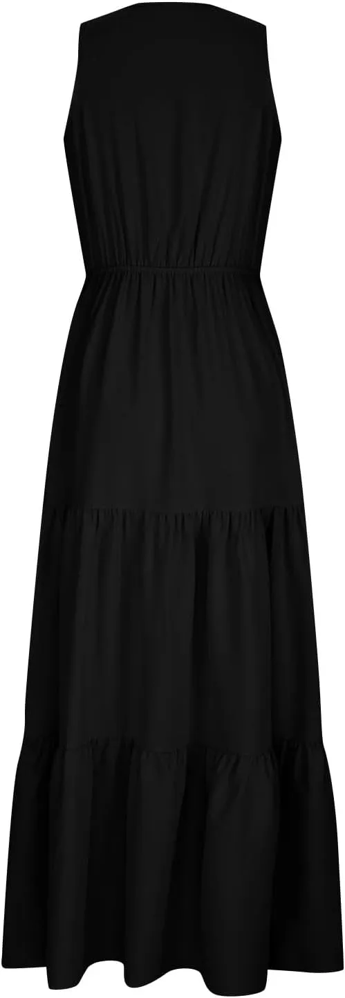 JJHAEVDY Womens Dresses V Neck High Waist Sundresses Floral Print Tiered Dresses Sleeveless Long Sundresses Summer Boho Dress