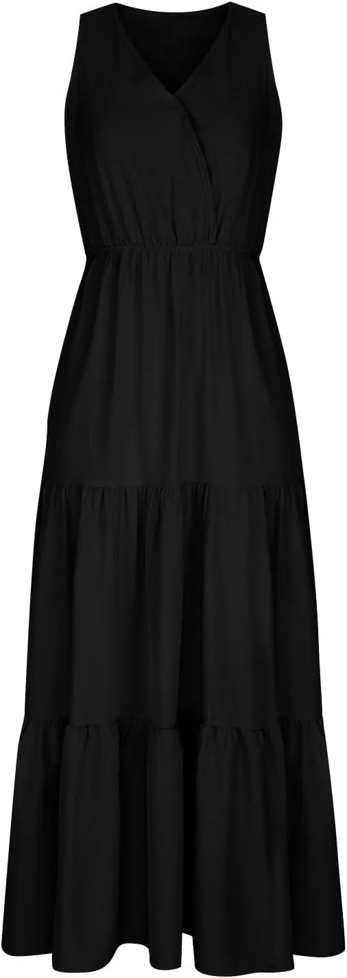 JJHAEVDY Womens Dresses V Neck High Waist Sundresses Floral Print Tiered Dresses Sleeveless Long Sundresses Summer Boho Dress
