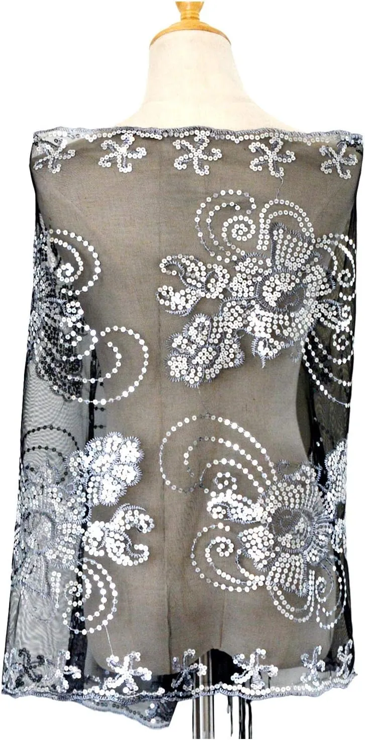 L'VOW Women's Glittering 1920s Scarf Mesh Sequin Wedding Cape Fringed Evening Shawl Wrap