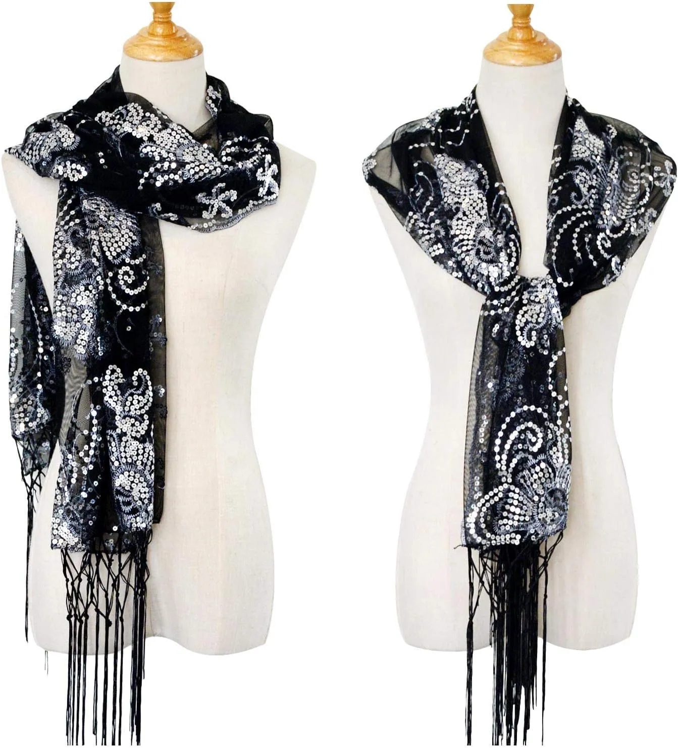 L'VOW Women's Glittering 1920s Scarf Mesh Sequin Wedding Cape Fringed Evening Shawl Wrap