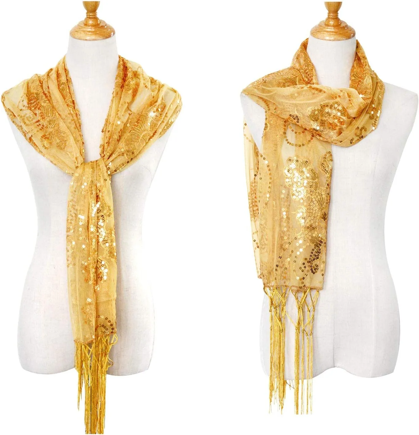 L'VOW Women's Glittering 1920s Scarf Mesh Sequin Wedding Cape Fringed Evening Shawl Wrap