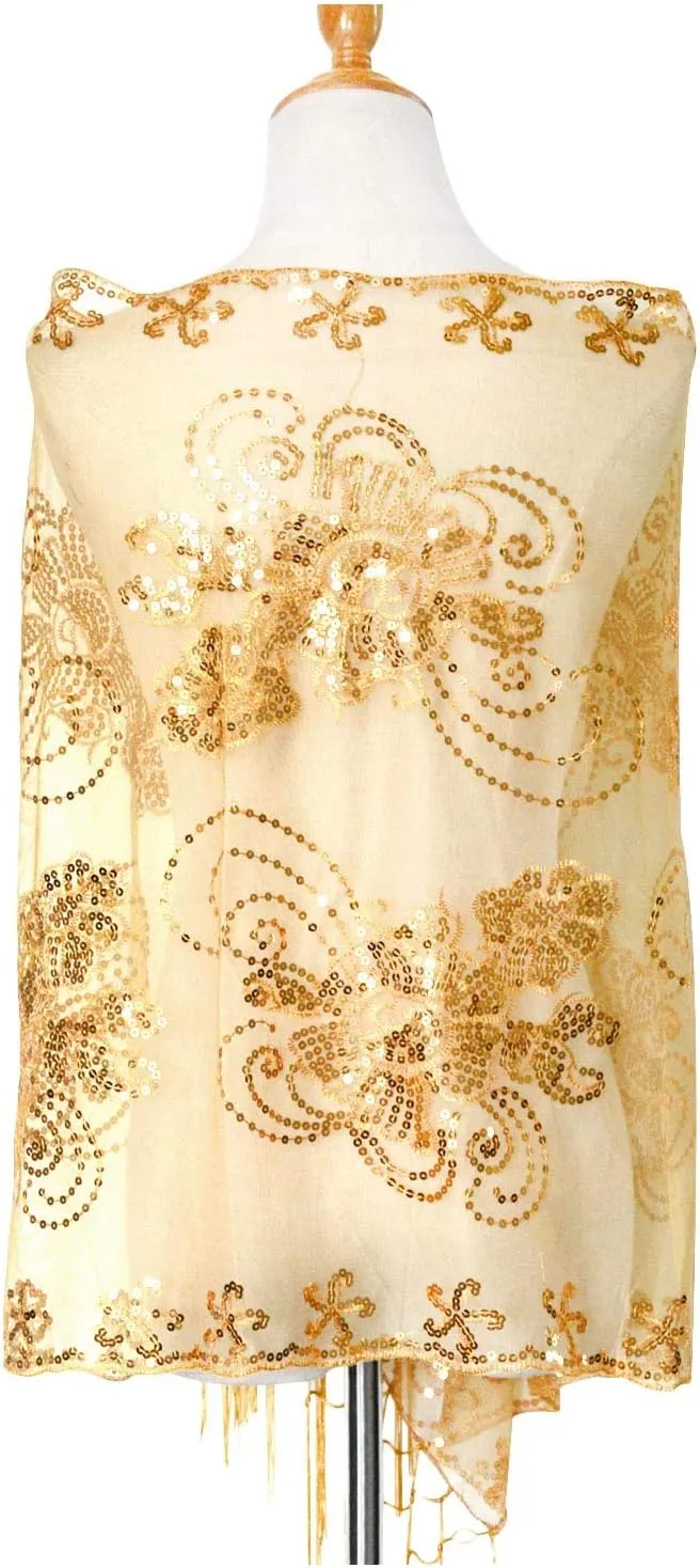 L'VOW Women's Glittering 1920s Scarf Mesh Sequin Wedding Cape Fringed Evening Shawl Wrap