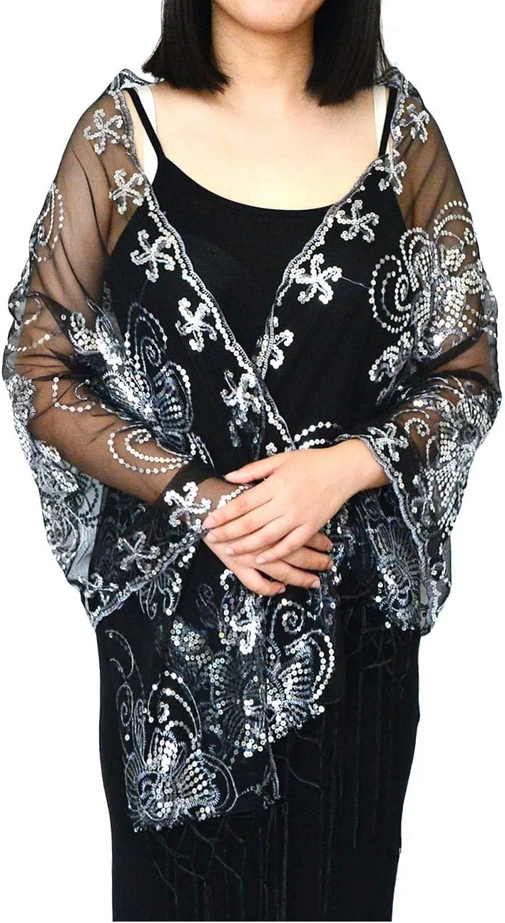 L'VOW Women's Glittering 1920s Scarf Mesh Sequin Wedding Cape Fringed Evening Shawl Wrap