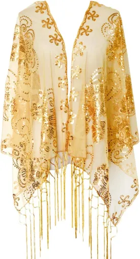 L'VOW Women's Glittering 1920s Scarf Mesh Sequin Wedding Cape Fringed Evening Shawl Wrap