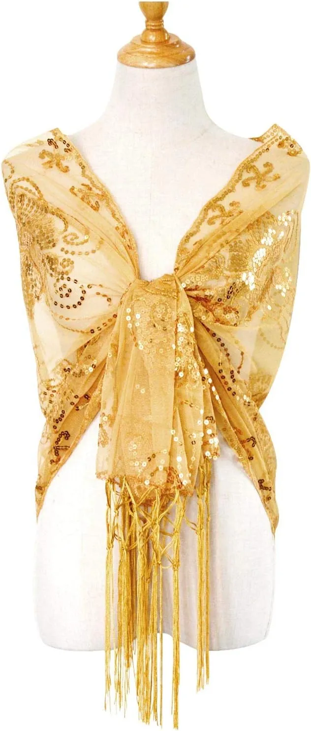 L'VOW Women's Glittering 1920s Scarf Mesh Sequin Wedding Cape Fringed Evening Shawl Wrap