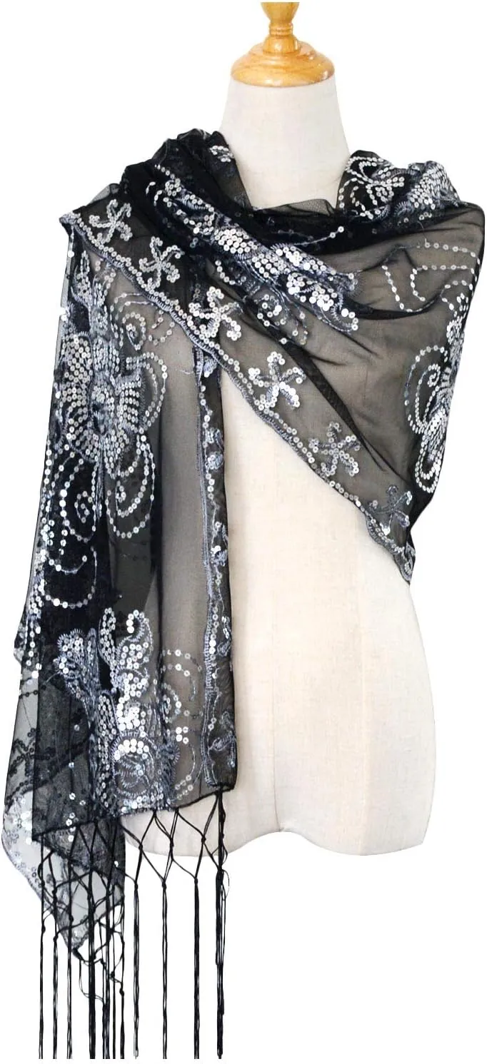L'VOW Women's Glittering 1920s Scarf Mesh Sequin Wedding Cape Fringed Evening Shawl Wrap