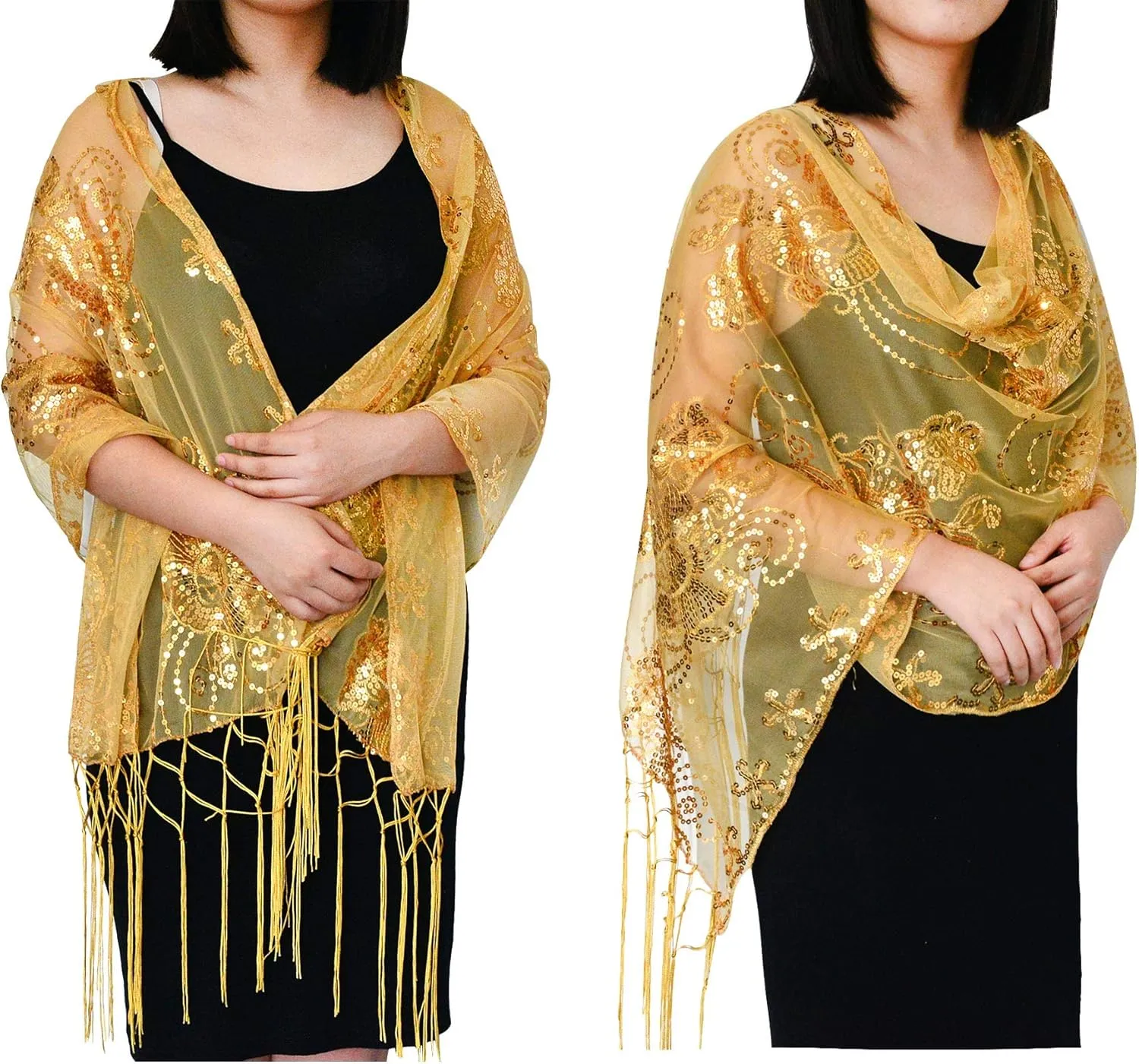 L'VOW Women's Glittering 1920s Scarf Mesh Sequin Wedding Cape Fringed Evening Shawl Wrap