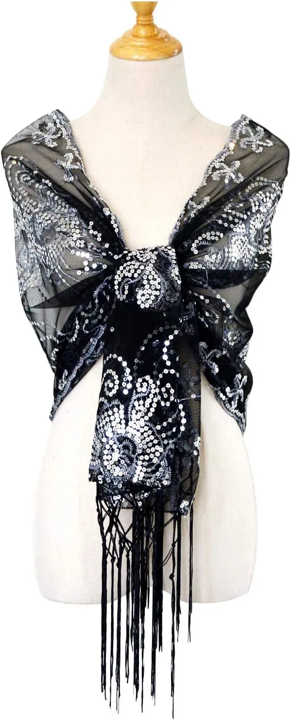 L'VOW Women's Glittering 1920s Scarf Mesh Sequin Wedding Cape Fringed Evening Shawl Wrap