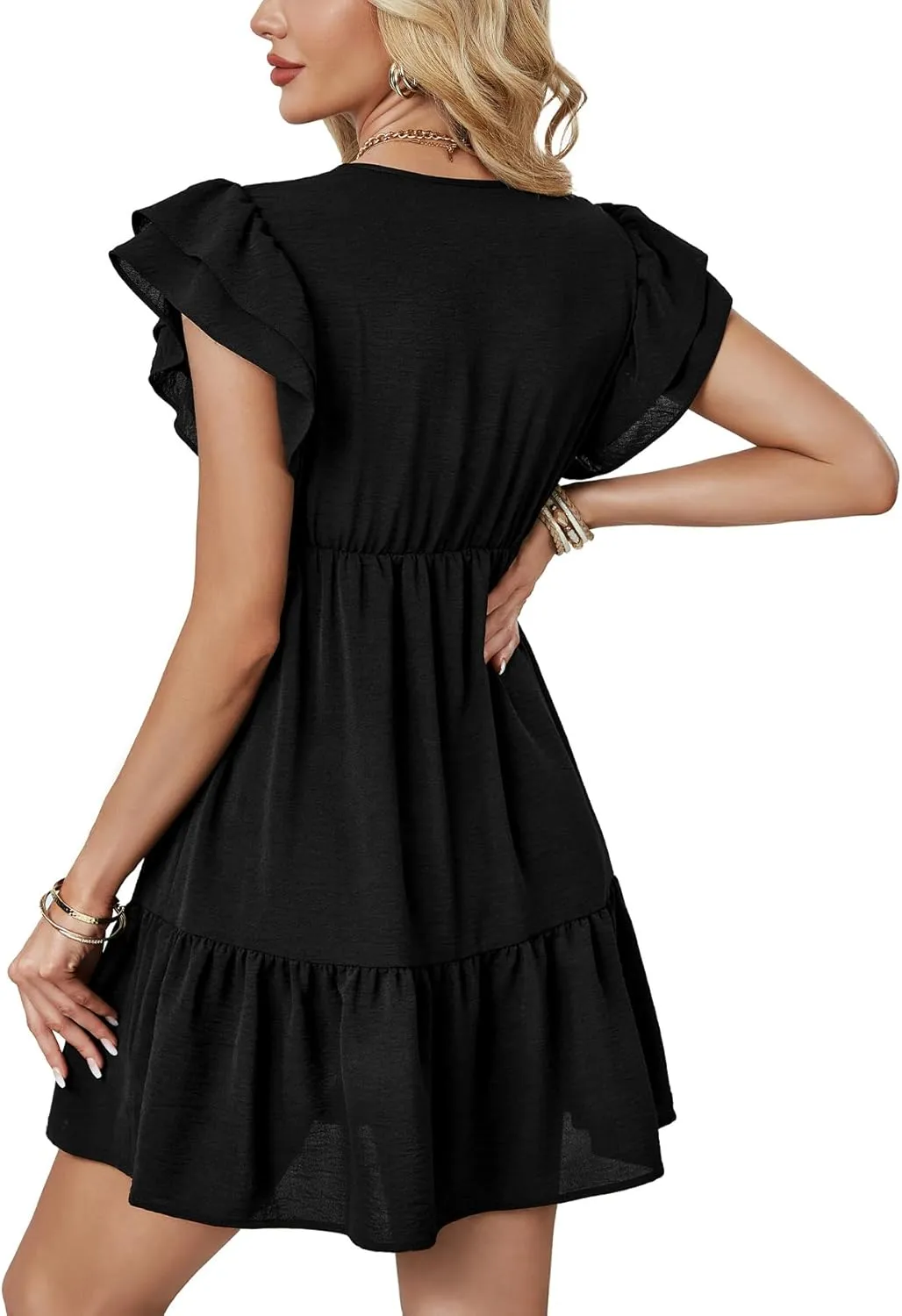 LYANER Women's Deep V Neck Ruffle Short Sleeve A Line Swing Flared Cocktail Party Mini Dress