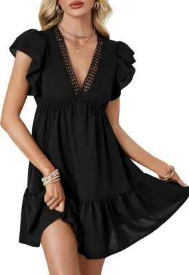 LYANER Women's Deep V Neck Ruffle Short Sleeve A Line Swing Flared Cocktail Party Mini Dress