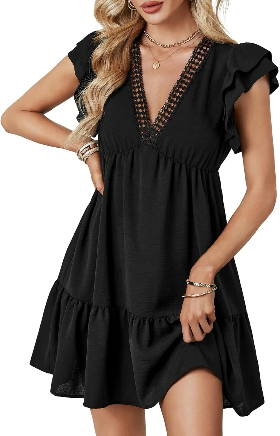 LYANER Women's Deep V Neck Ruffle Short Sleeve A Line Swing Flared Cocktail Party Mini Dress