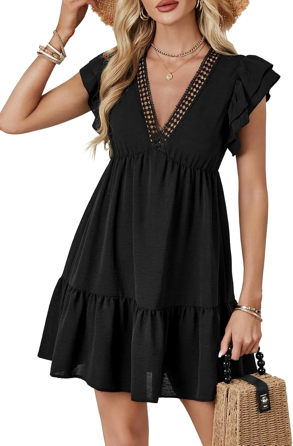 LYANER Women's Deep V Neck Ruffle Short Sleeve A Line Swing Flared Cocktail Party Mini Dress