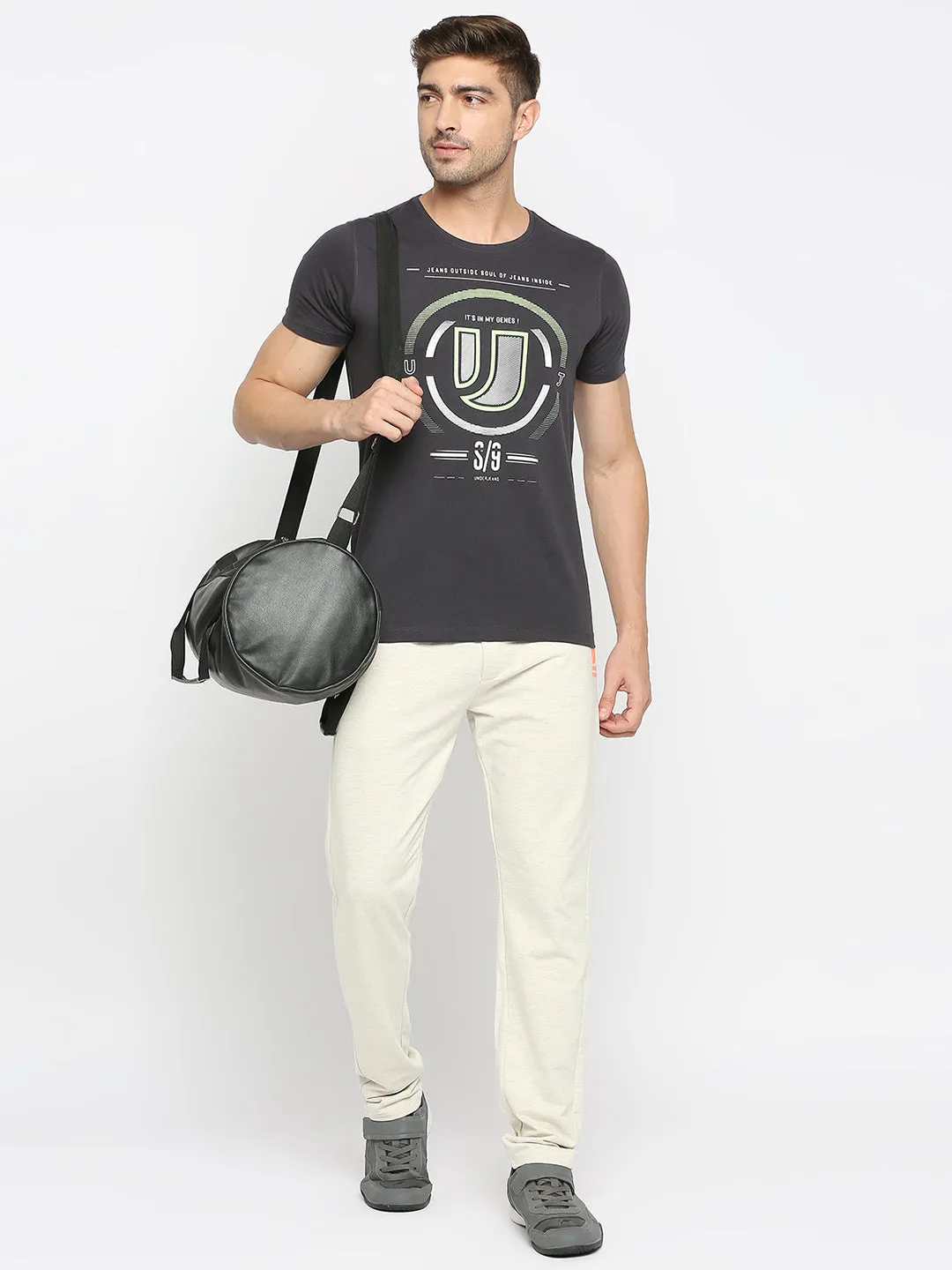 Men Premium Slate Grey Cotton Round Neck Printed Tshirt- Underjeans By Spykar