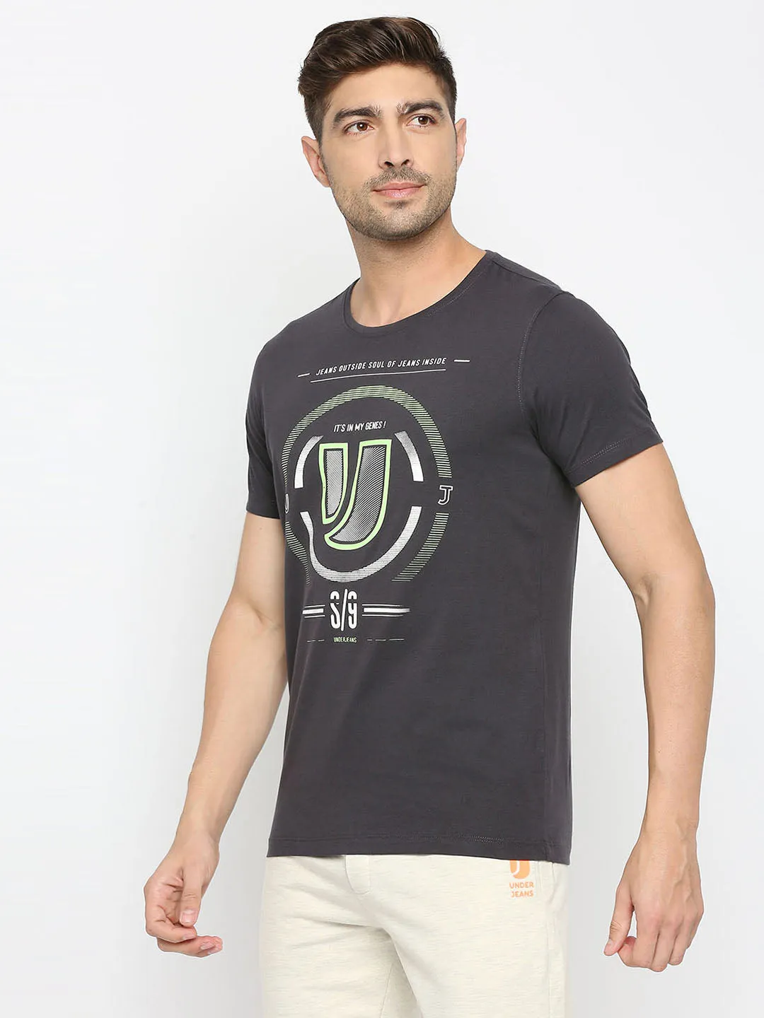 Men Premium Slate Grey Cotton Round Neck Printed Tshirt- Underjeans By Spykar