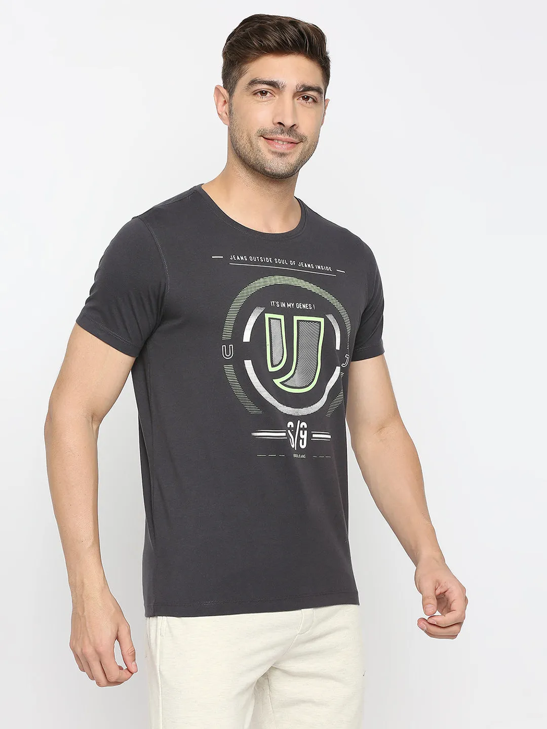 Men Premium Slate Grey Cotton Round Neck Printed Tshirt- Underjeans By Spykar