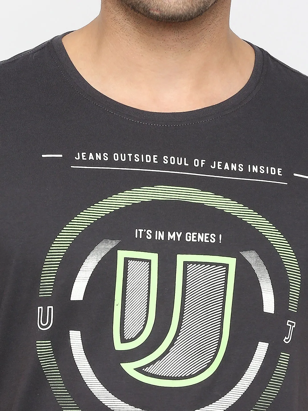 Men Premium Slate Grey Cotton Round Neck Printed Tshirt- Underjeans By Spykar