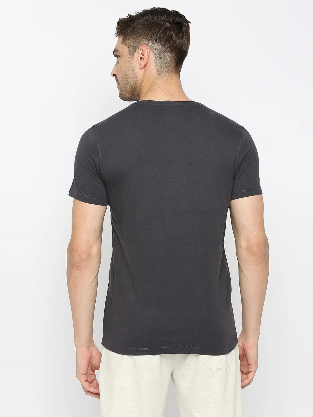 Men Premium Slate Grey Cotton Round Neck Printed Tshirt- Underjeans By Spykar