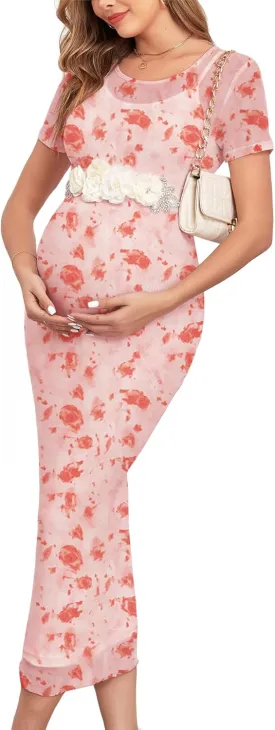 Mesh Maternity Dress Ruched Side Round Neck Pregnancy Dresses Baby Shower Wedding Guest Cocktail Party 2024 Fall
