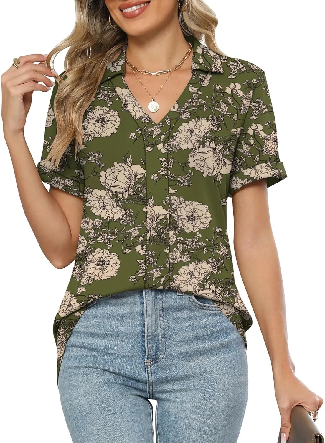 Micoson Womens Polo Shirts Dressy V Neck Business Casual Tops Lapel Collar Short Sleeve Summer Shirts Loose Fit Work Blouses