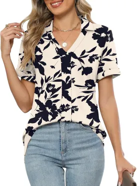 Micoson Womens Polo Shirts Dressy V Neck Business Casual Tops Lapel Collar Short Sleeve Summer Shirts Loose Fit Work Blouses