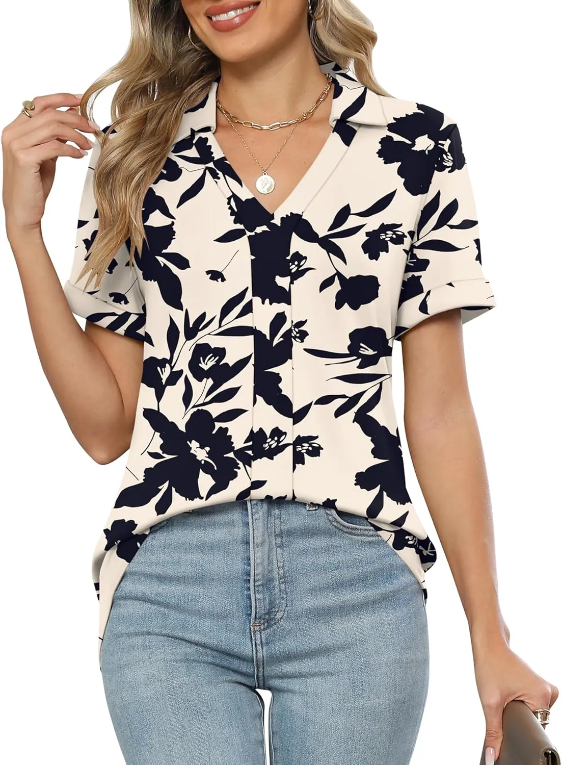 Micoson Womens Polo Shirts Dressy V Neck Business Casual Tops Lapel Collar Short Sleeve Summer Shirts Loose Fit Work Blouses