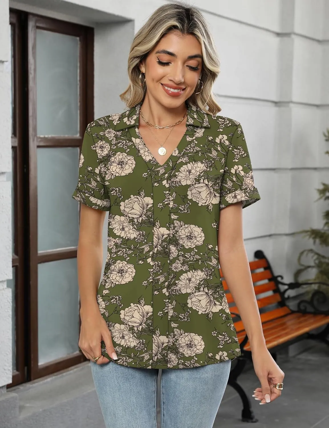 Micoson Womens Polo Shirts Dressy V Neck Business Casual Tops Lapel Collar Short Sleeve Summer Shirts Loose Fit Work Blouses