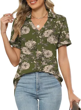 Micoson Womens Polo Shirts Dressy V Neck Business Casual Tops Lapel Collar Short Sleeve Summer Shirts Loose Fit Work Blouses