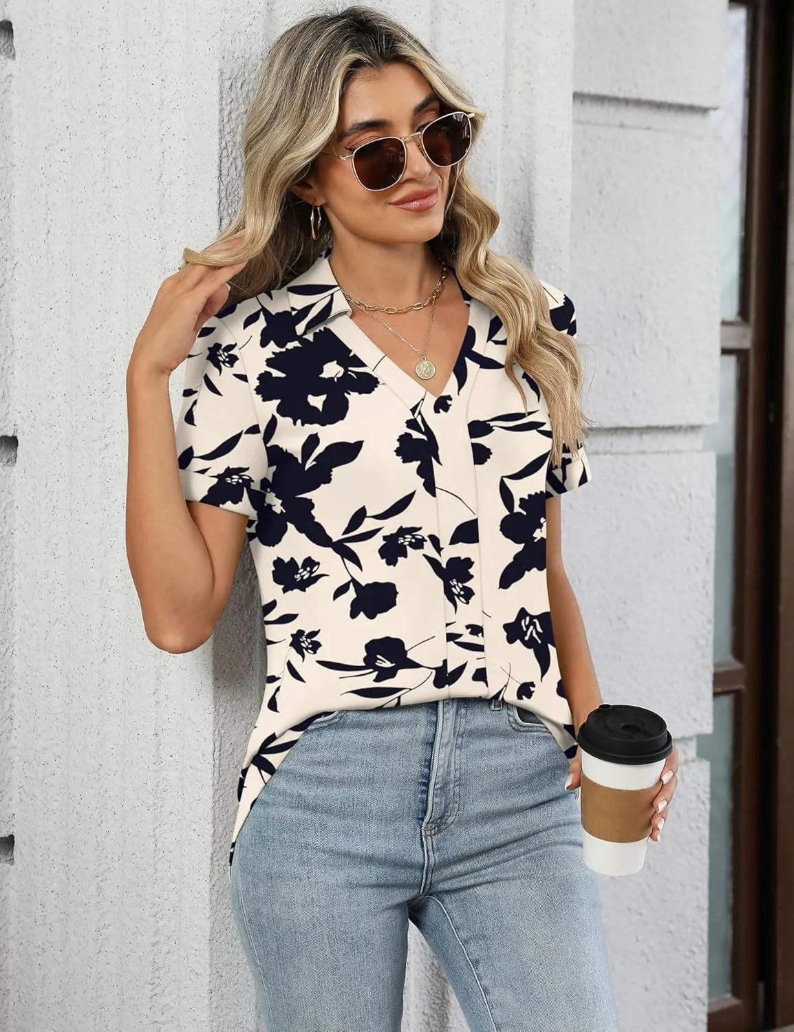 Micoson Womens Polo Shirts Dressy V Neck Business Casual Tops Lapel Collar Short Sleeve Summer Shirts Loose Fit Work Blouses