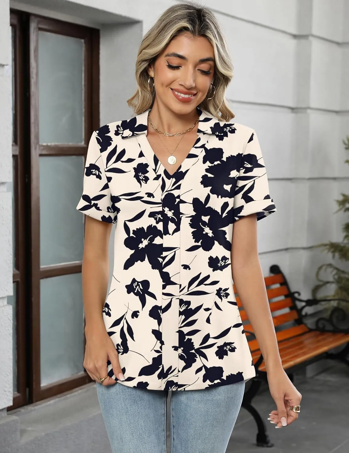 Micoson Womens Polo Shirts Dressy V Neck Business Casual Tops Lapel Collar Short Sleeve Summer Shirts Loose Fit Work Blouses