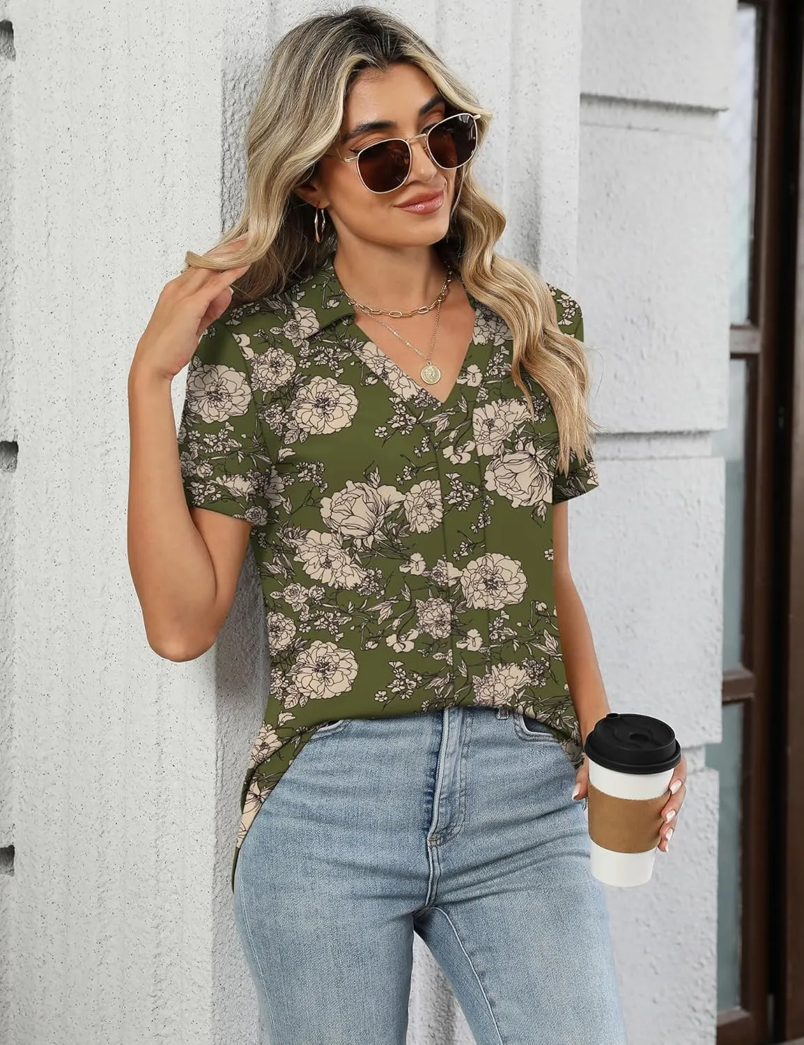 Micoson Womens Polo Shirts Dressy V Neck Business Casual Tops Lapel Collar Short Sleeve Summer Shirts Loose Fit Work Blouses