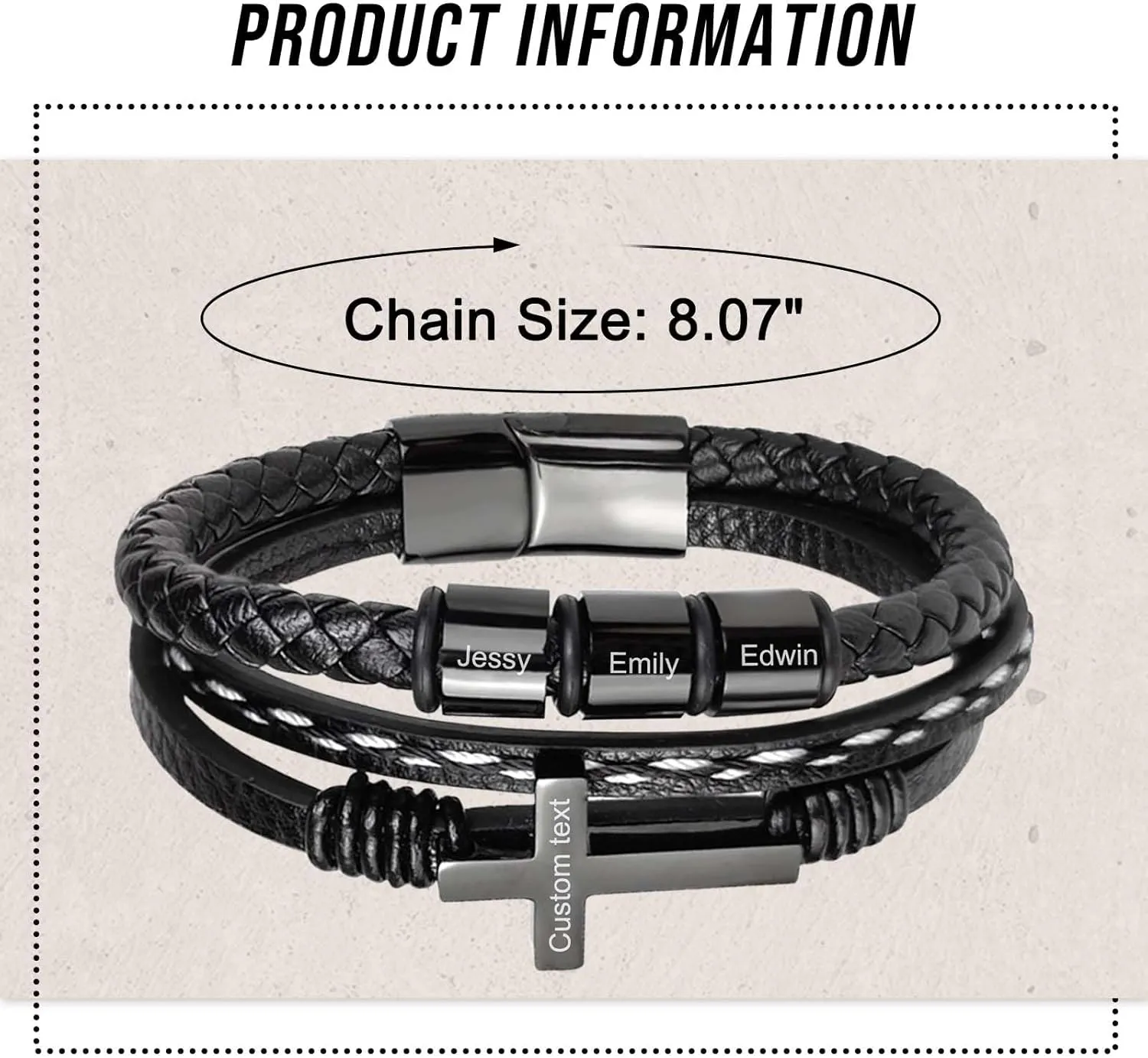 MOTICIUS Personalized Bracelet for Men Custom Cross Bracelet for Men Personalized Leather Mens Bracelet with Kids Names Christian Bracelet for Men Customized Gifts for Men Dad Husband