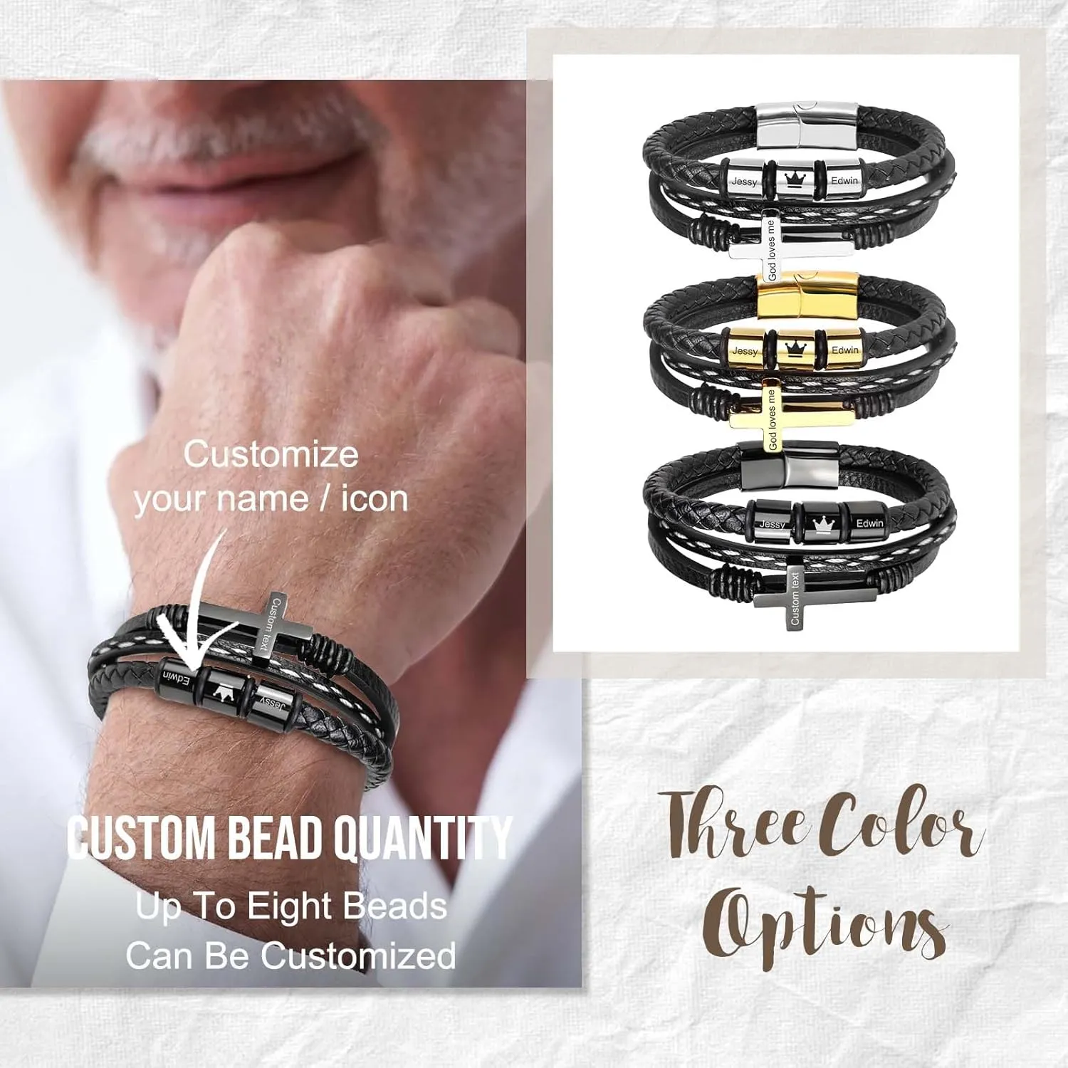 MOTICIUS Personalized Bracelet for Men Custom Cross Bracelet for Men Personalized Leather Mens Bracelet with Kids Names Christian Bracelet for Men Customized Gifts for Men Dad Husband