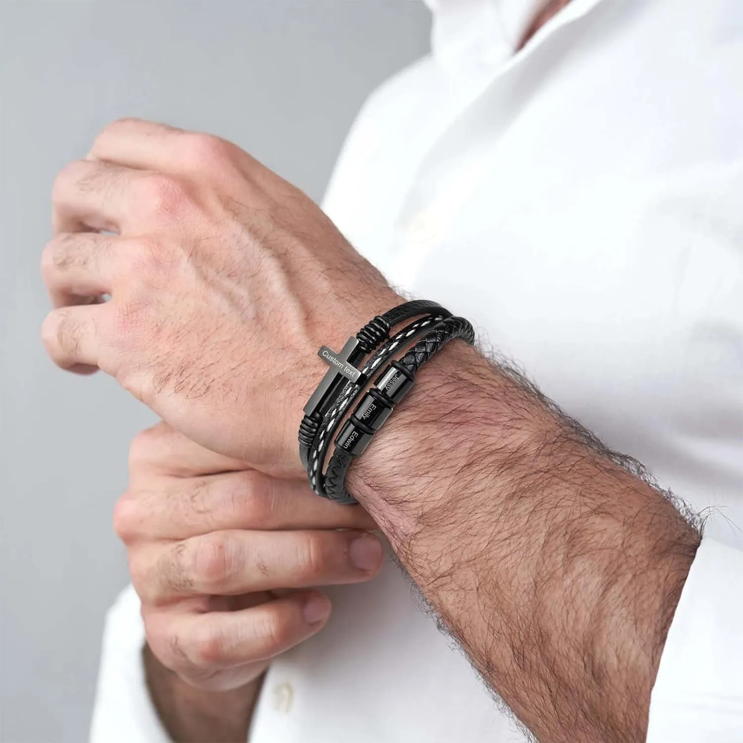 MOTICIUS Personalized Bracelet for Men Custom Cross Bracelet for Men Personalized Leather Mens Bracelet with Kids Names Christian Bracelet for Men Customized Gifts for Men Dad Husband