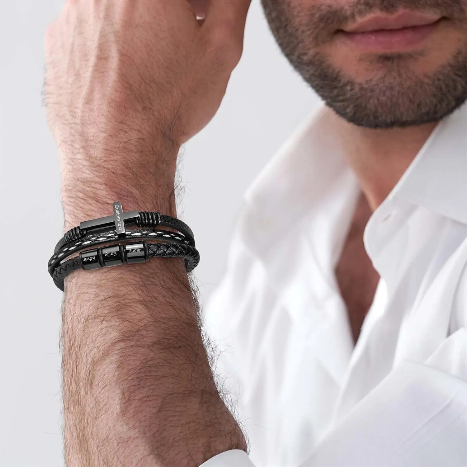 MOTICIUS Personalized Bracelet for Men Custom Cross Bracelet for Men Personalized Leather Mens Bracelet with Kids Names Christian Bracelet for Men Customized Gifts for Men Dad Husband