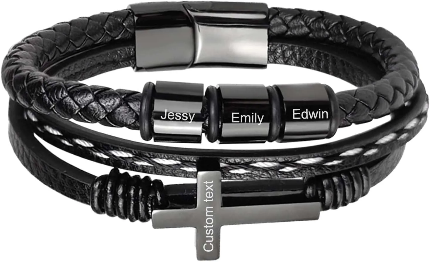 MOTICIUS Personalized Bracelet for Men Custom Cross Bracelet for Men Personalized Leather Mens Bracelet with Kids Names Christian Bracelet for Men Customized Gifts for Men Dad Husband