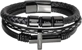 MOTICIUS Personalized Bracelet for Men Custom Cross Bracelet for Men Personalized Leather Mens Bracelet with Kids Names Christian Bracelet for Men Customized Gifts for Men Dad Husband
