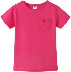Noomelfish Girls Short Sleeve Heart Pocket T-Shirts Casual Cotton Tee Tops Blouse (5-12 Years)