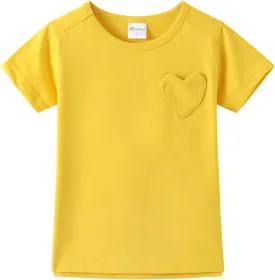 Noomelfish Girls Short Sleeve Heart Pocket T-Shirts Casual Cotton Tee Tops Blouse (5-12 Years)