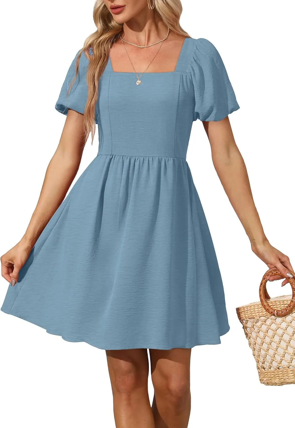 OFEEFAN Women Puff Sleeve Square Neck Tie in Back Dresses with Zipper