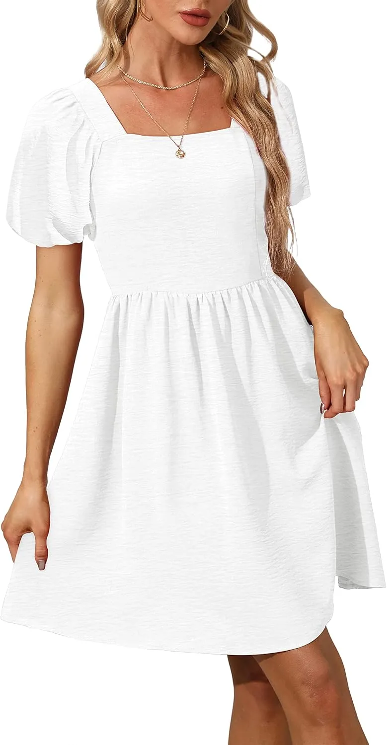 OFEEFAN Women Puff Sleeve Square Neck Tie in Back Dresses with Zipper