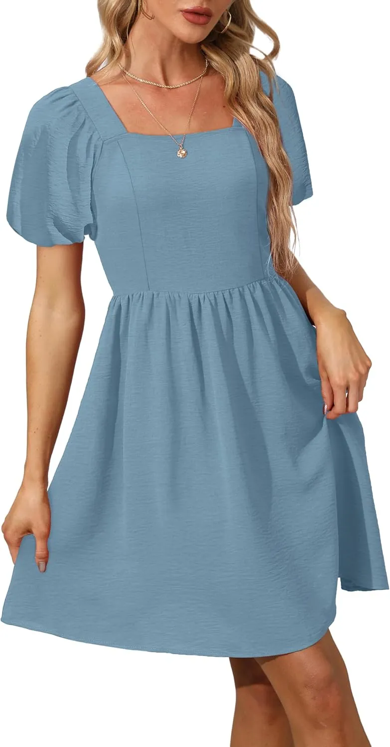 OFEEFAN Women Puff Sleeve Square Neck Tie in Back Dresses with Zipper