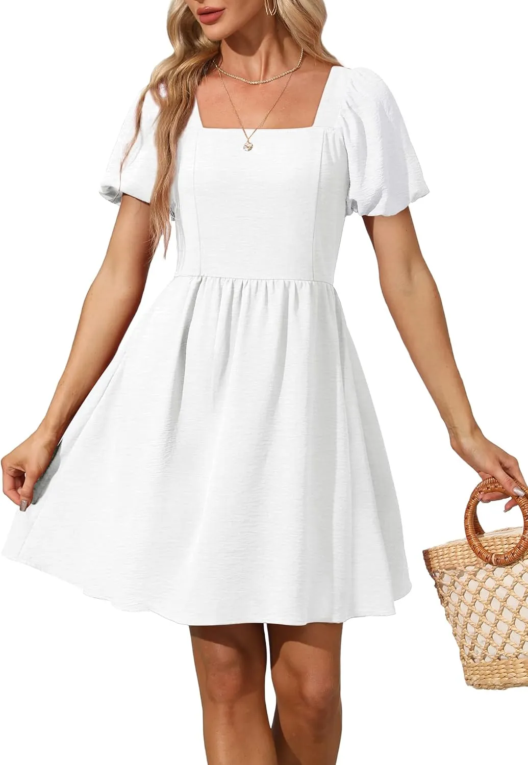 OFEEFAN Women Puff Sleeve Square Neck Tie in Back Dresses with Zipper