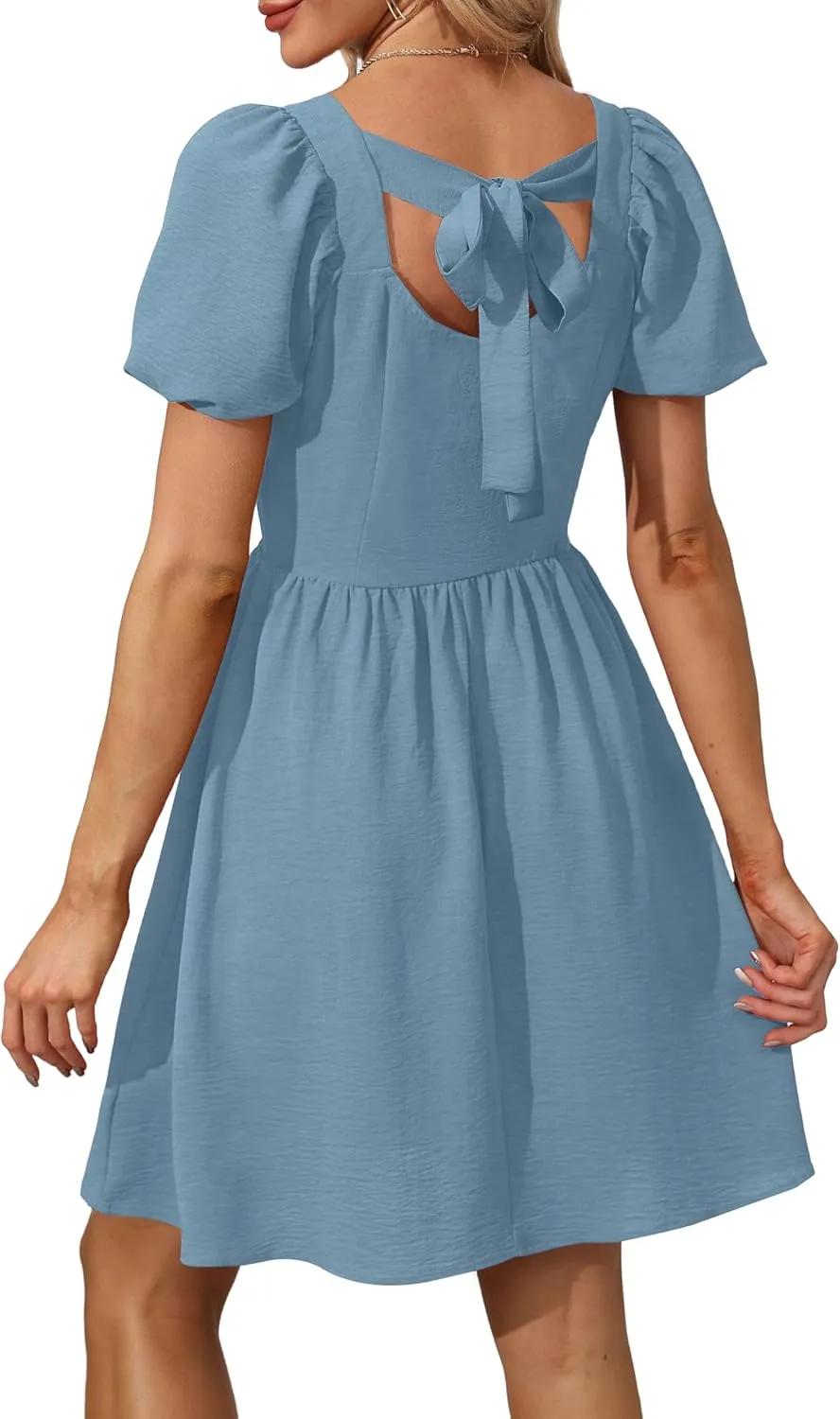 OFEEFAN Women Puff Sleeve Square Neck Tie in Back Dresses with Zipper