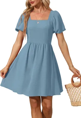 OFEEFAN Women Puff Sleeve Square Neck Tie in Back Dresses with Zipper