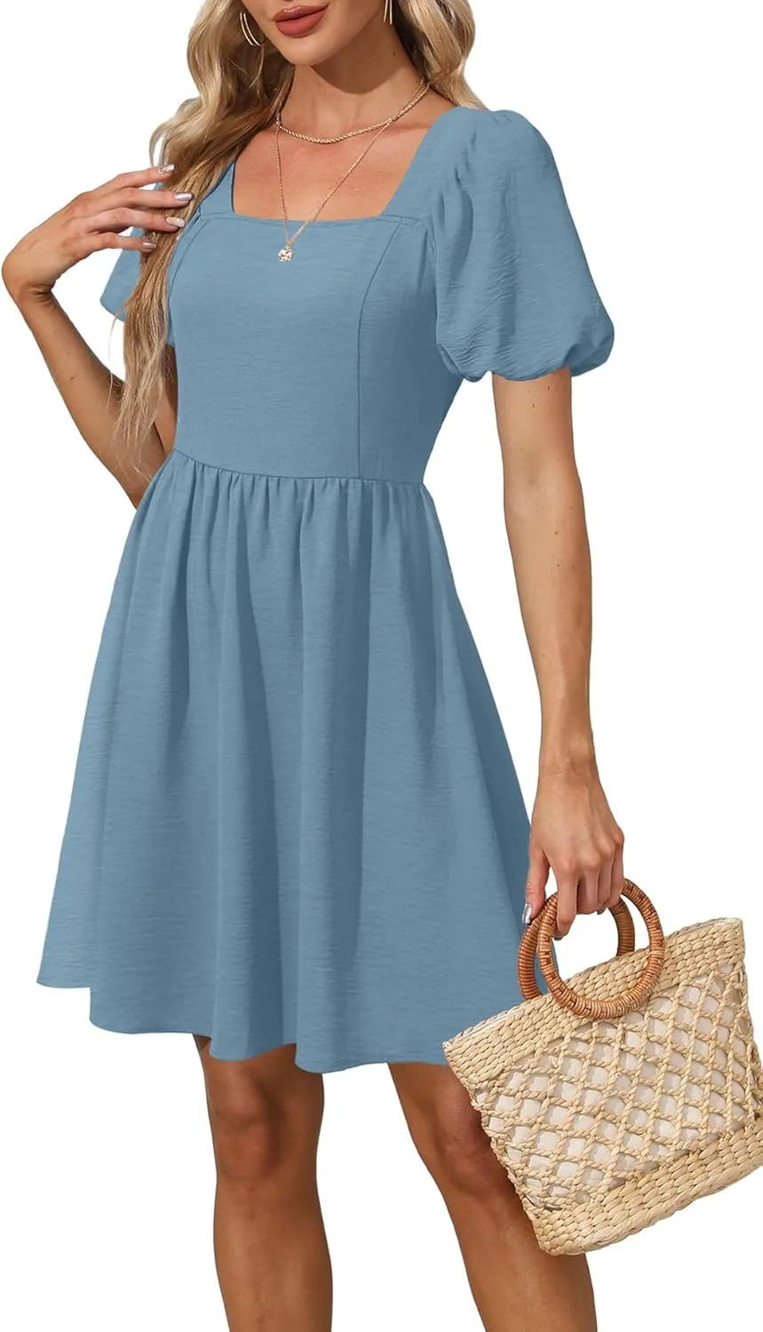 OFEEFAN Women Puff Sleeve Square Neck Tie in Back Dresses with Zipper
